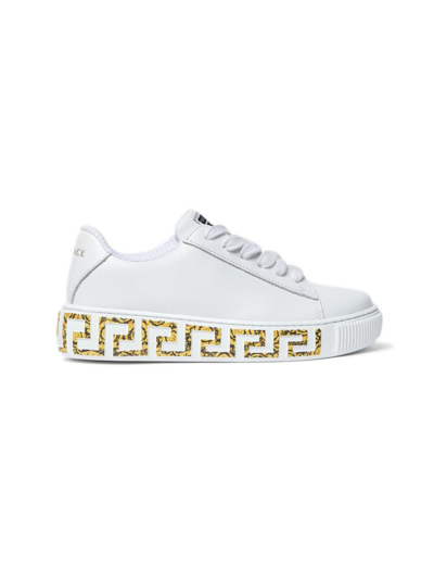 Shop Versace Leather Greca Sneakers In White