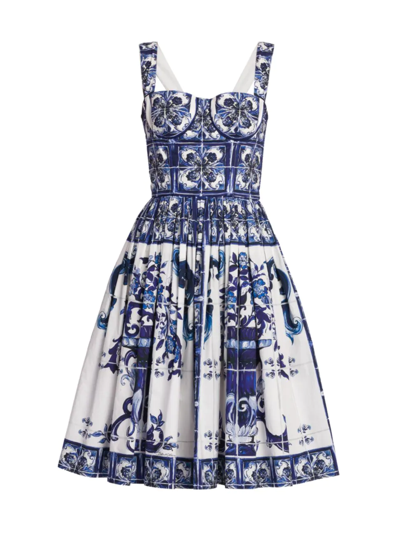 Shop Dolce & Gabbana Women's Blu Mediterraneo Sleeveless Floral Fit & Flare Dress In Tris Maioliche