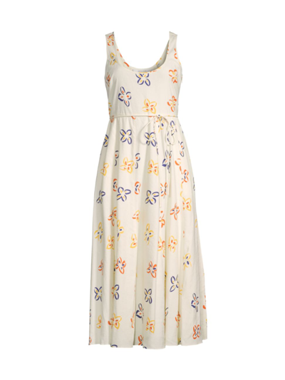 Shop Rebecca Taylor Women's Flame Fleur Linen-blend Midi-dress In Flame Fleur Tapioca Combo