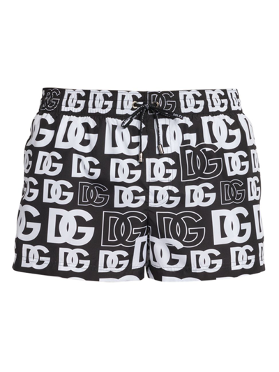 Shop Dolce & Gabbana Men's Logo Print Swim Trunks In Black White