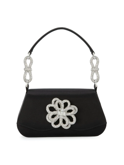 Shop Mach & Mach Women's Crystal-embellished Flower Satin Top Handle Bag In Black