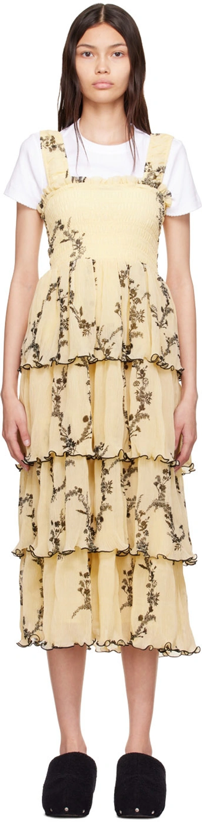Ganni Pleated Georgette Flounce Smock Midi Dress Floral Shadow Flan In  Yellow | ModeSens