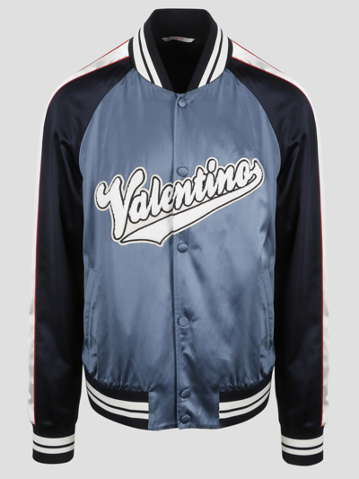 Shop Valentino Bomber Jacket With Embroidered Patch In Blue