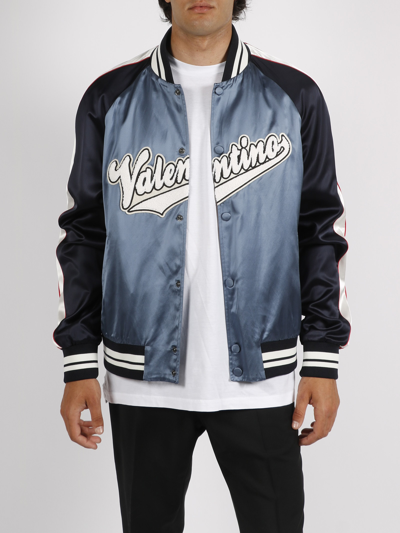Shop Valentino Bomber Jacket With Embroidered Patch In Blue