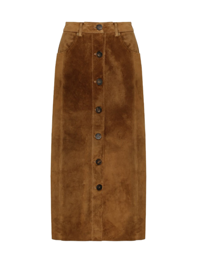 Shop Golden Goose Golden Buttoned Pencil Skirt Suede Leather In Tobacco Brown