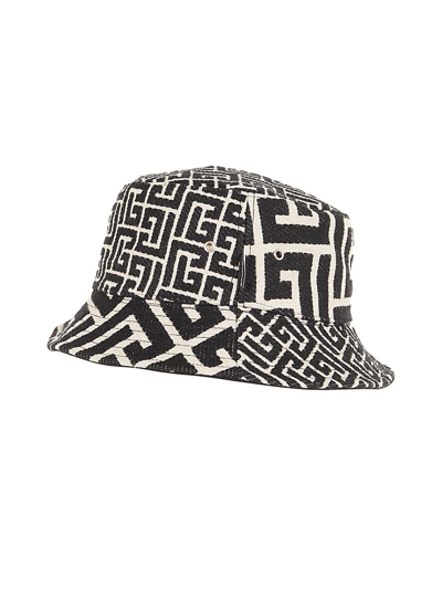 Shop Balmain Mix Monogram Jacquard Bucket Hat In Gfe Ivoire Noir