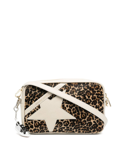 Shop Golden Goose Star Bag Pony Leo Front Panel Leather Star And Shoulder Strap In White Brown Leo