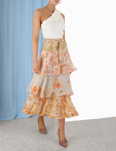 Shop Zimmermann Postcard Flounce Midi Skirt In Mixed Swirl