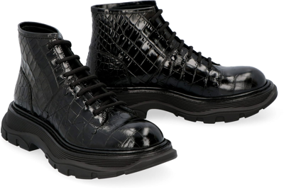 Shop Alexander Mcqueen Leather Platform Combat Boots In Black