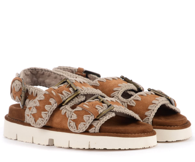 Shop Mou Bio Buckle Sandal In Leather Color Suede In Marrone