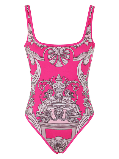 Shop Versace Baroque Patterned One Piece Swimsuit In Fuxia English Rose