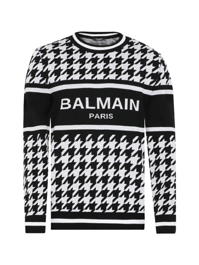Shop Balmain Houndstooth Wool&linen Pullover In Gab Blanc Noir