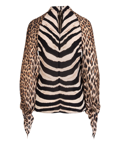 Shop Roberto Cavalli Silk Top With Leopard And Zebra Print In Avorio/nero