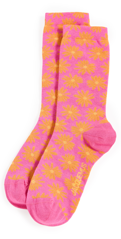 Shop Jacquemus Les Chaussettes Fleurs Socks In Print Orange/pink Flowers