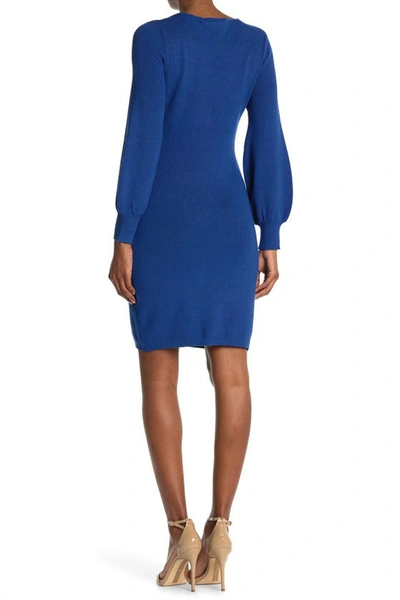 Shop Nina Leonard V-neck Balloon Sleeve Sweater Dress In Classic Blue
