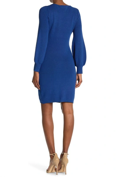 Nina Leonard V-neck Balloon Sleeve Sweater Dress In Classic Blue