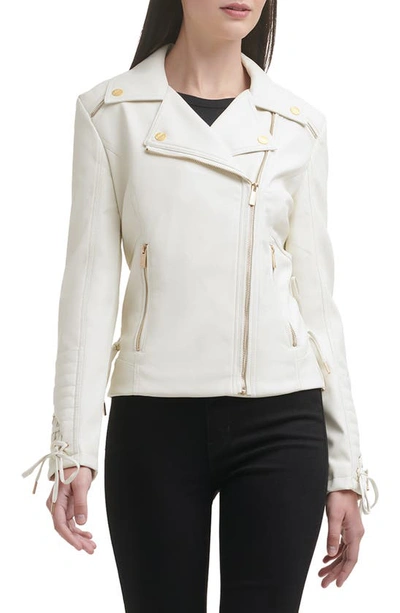 Shop Guess Asymmetrical Faux Leather Moto Jacket In Ivory