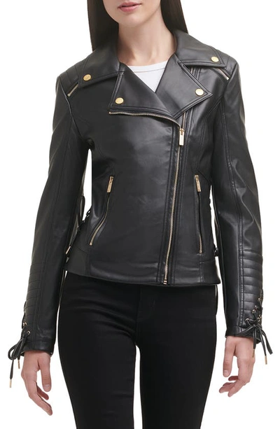 Shop Guess Asymmetrical Faux Leather Moto Jacket In Black