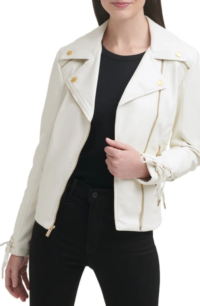Shop Guess Asymmetrical Faux Leather Moto Jacket In Ivory