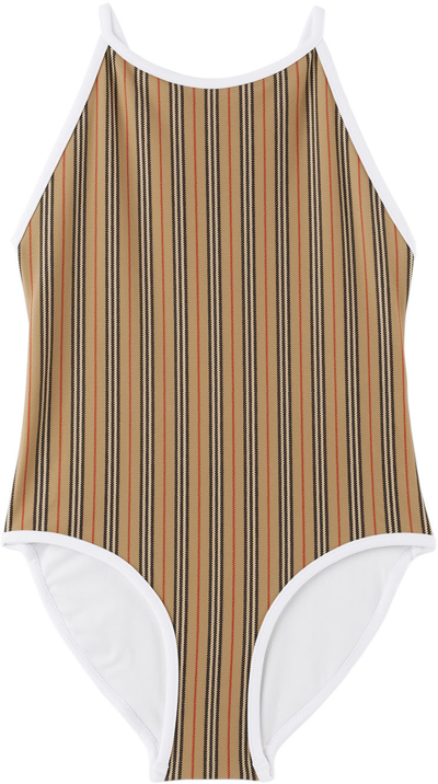 Shop Burberry Kids Beige Stripe One-piece Swimsuit In Archive Beige Ip S