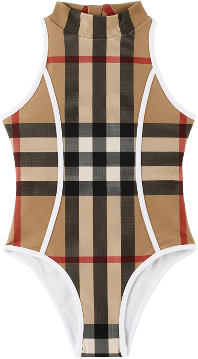 Shop Burberry Kids Beige Check One-piece Swimsuit In Archive Beige Ip Chk