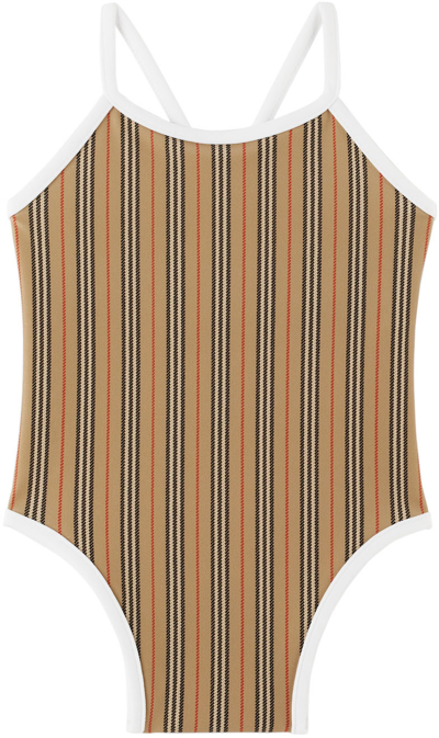 Shop Burberry Baby Beige Stripe One-piece Swimsuit In Archive Beige Ip S