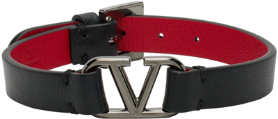 Shop Valentino Black Leather Vlogo Bracelet In 0sm Nero/rouge Pur