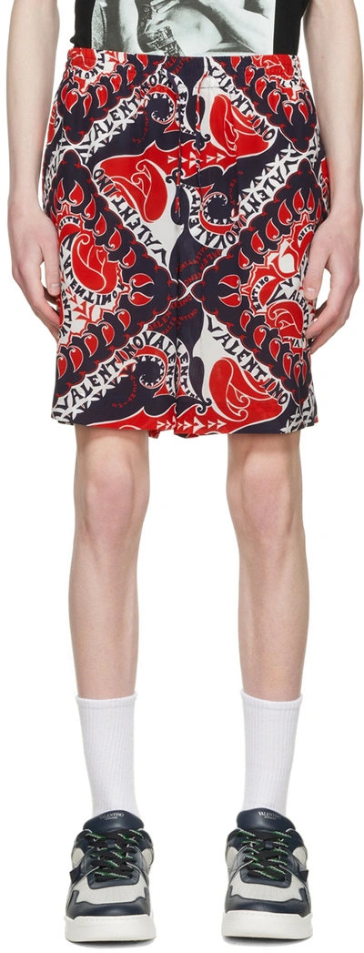 Shop Valentino Red & Navy Silk Shorts In St. Bandana Bianco/b