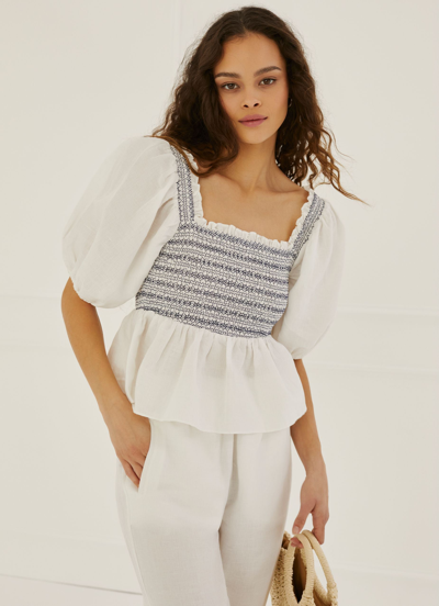 Shop Something Navy Smocked Puff Shoulder Top In White