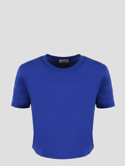 Shop Saint Laurent Monogram Embroidered T-shirt In Blue