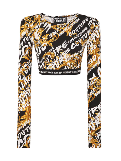 Shop Versace Jeans Couture T Shirt Lycra Print Brush Couture Cropped Top In Black Gold