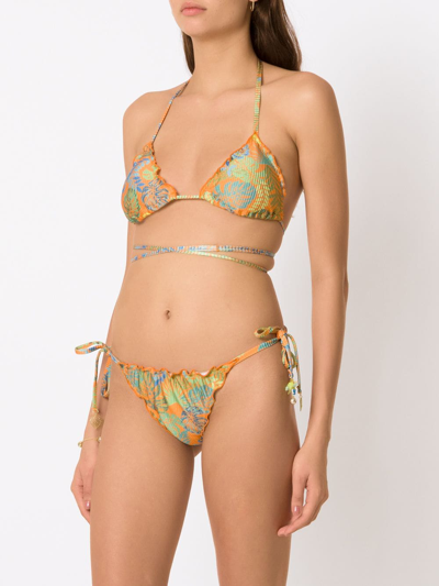 Shop Amir Slama Palm Leaf Print Triangle Bikini In Orange