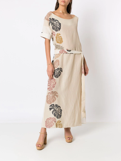 Amir Slama Palm Leaf Print Asymmetric Dress In Neutrals