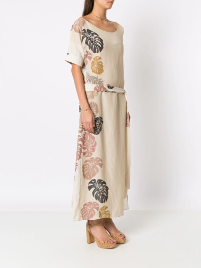 Shop Amir Slama Palm Leaf Print Asymmetric Dress In Neutrals