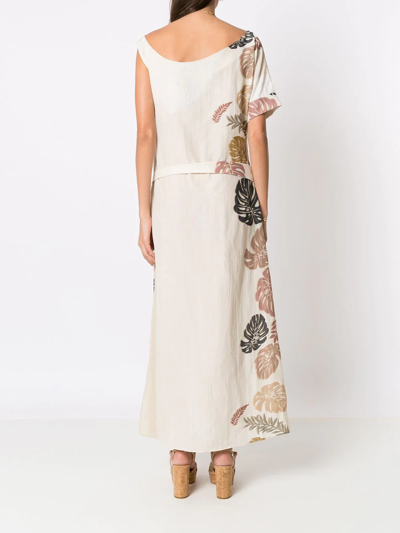 Shop Amir Slama Palm Leaf Print Asymmetric Dress In Neutrals