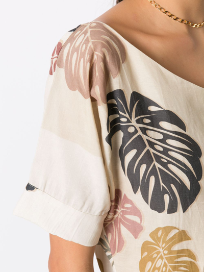 Shop Amir Slama Palm Leaf Print Asymmetric Dress In Neutrals
