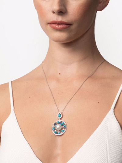 Shop Autore 18kt White Gold Grotto Sapphire, Diamond, Turquoise And Pearl Pendant Necklace In Silver
