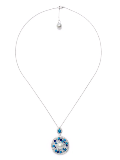 Shop Autore 18kt White Gold Grotto Sapphire, Diamond, Turquoise And Pearl Pendant Necklace In Silver