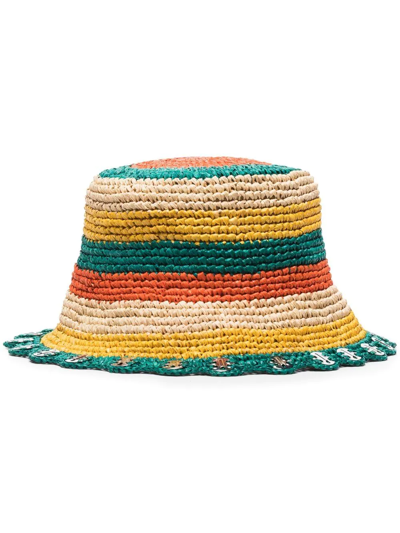 Rabanne Embellished Striped Raffia Bucket Hat In Green