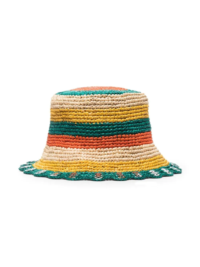Rabanne Embellished Striped Raffia Bucket Hat In Green