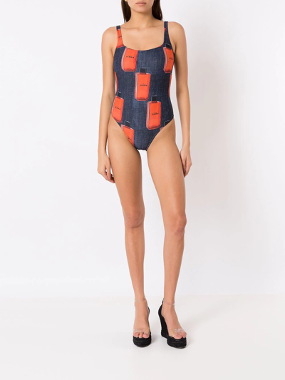 Amir Slama Graphic Logo-print Swimsuit In Blue