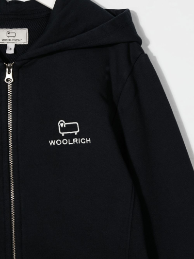 Shop Woolrich Logo Print Zip-up Hoodie In Blue