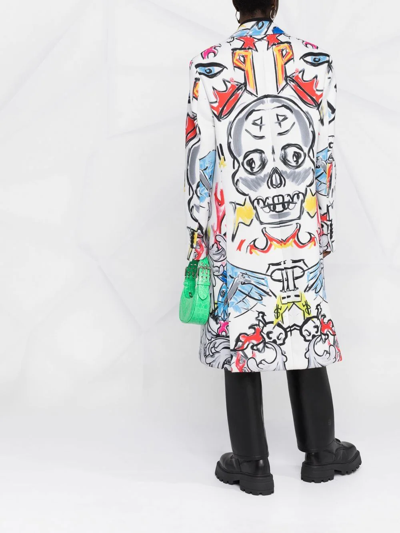 Philipp Plein Agnelli Graffiti-print Single-breasted Coat In White