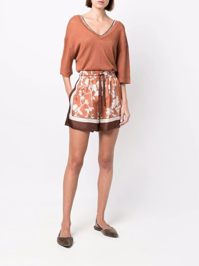 Brunello Cucinelli Floral-print Silk-faille Shorts In Orange