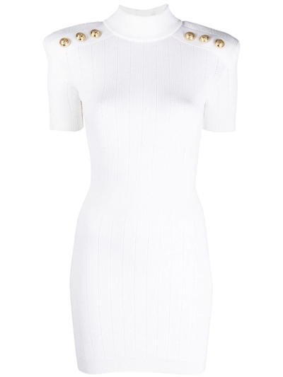 Shop Balmain Button-embellished Ribbed Mini Dress In White