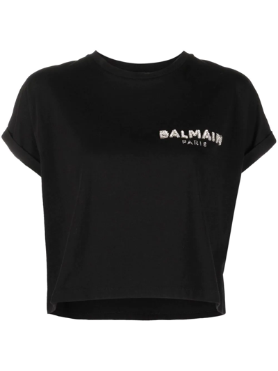 Shop Balmain Sequin Logo Round Neck T-shirt In Black