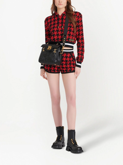 Shop Balmain Houndstooth Cropped Hoodie In Red