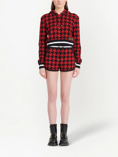 Shop Balmain Houndstooth Cropped Hoodie In Red