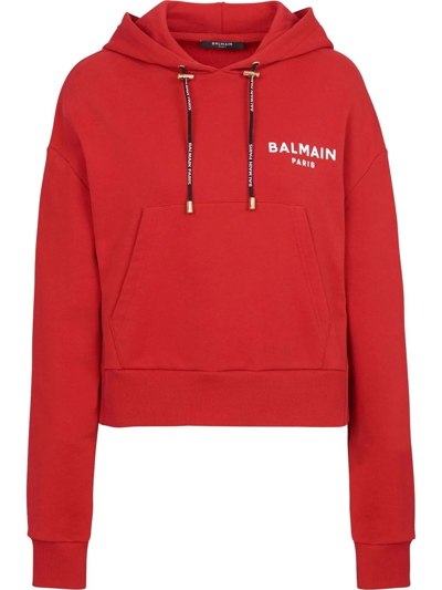 Shop Balmain Logo Print Drawstring Hoodie In Red