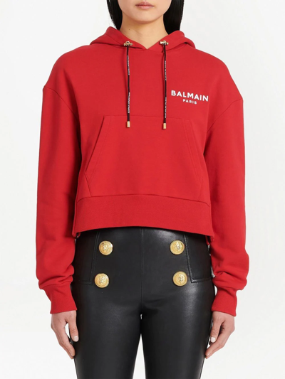 Shop Balmain Logo Print Drawstring Hoodie In Red